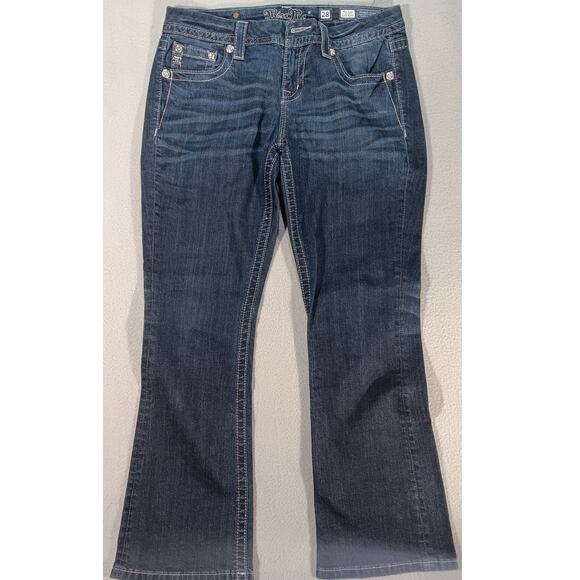 Miss Me Easy Boot Jeans 28 x 29 Mid Rise Dark Wash Cross Embellished Pockets - Picture 1 of 8